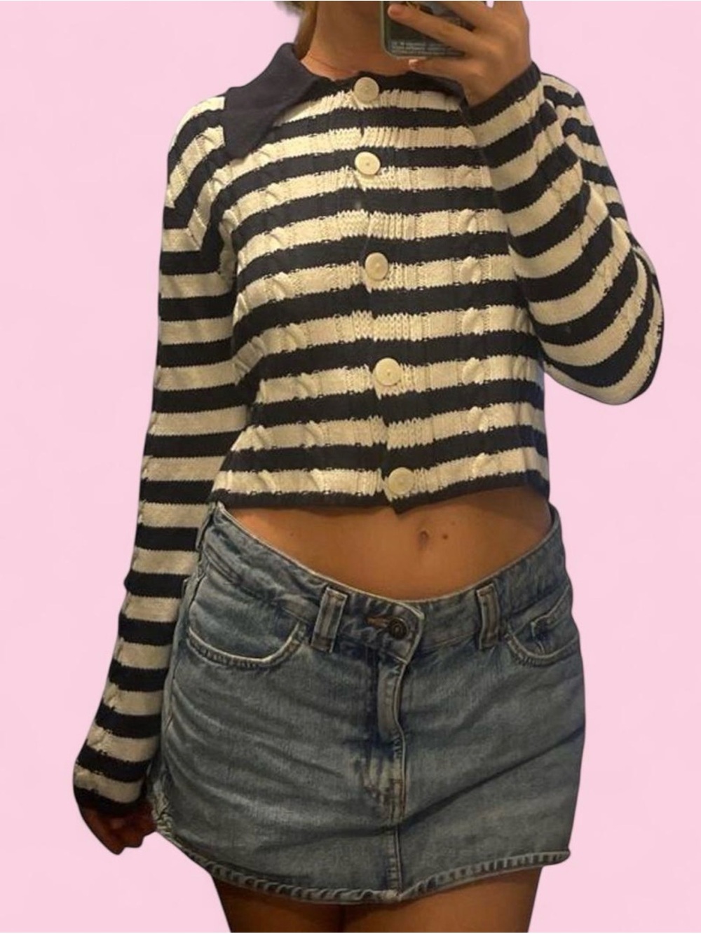 Striped Cropped Button-Front Sweater Top - Black & Cream